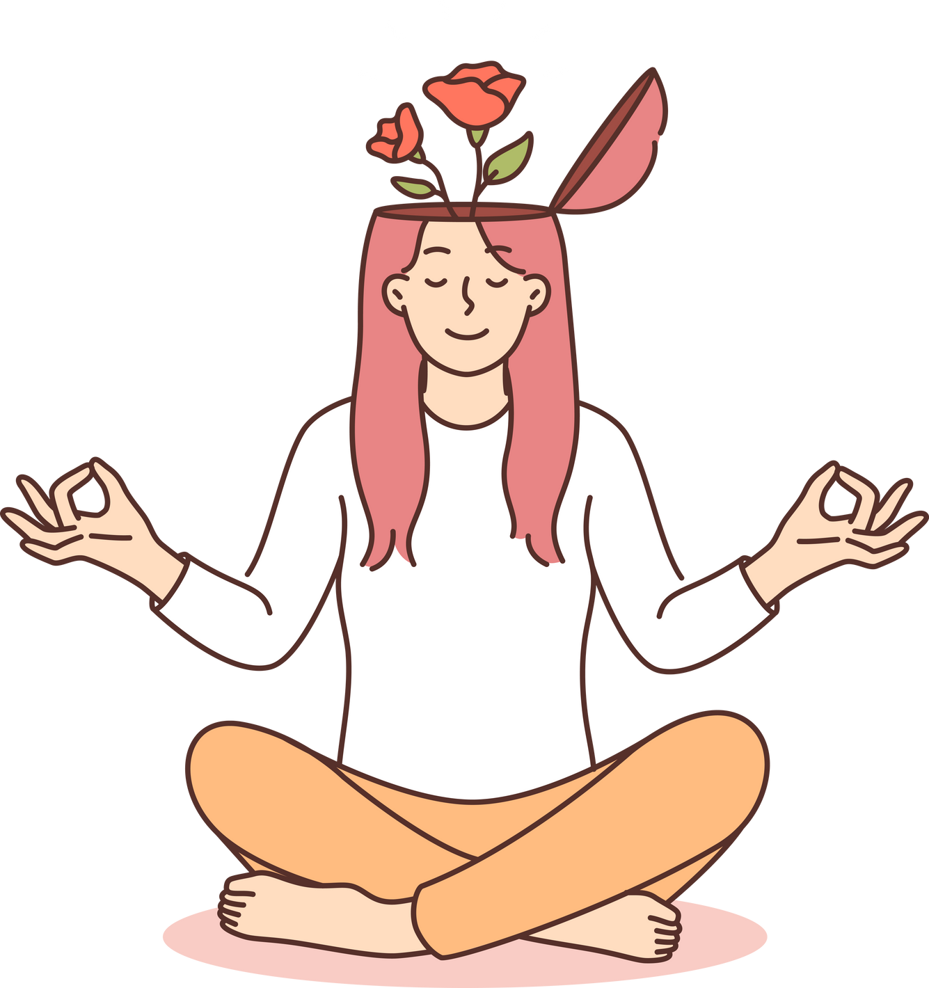 Yogi woman meditates and feels how flowers grow from head, symbolizing mental harmony or balance
